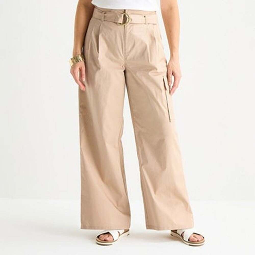Liz Claiborne sz 14 Pants Beige Wide Leg High Rise Pleated Cargo Pocket NO BELT